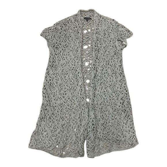 Eileen Fisher Gray Rustic Luster Open Front Linen Blend Long Crochet Cardigan M - Picture 2 of 5